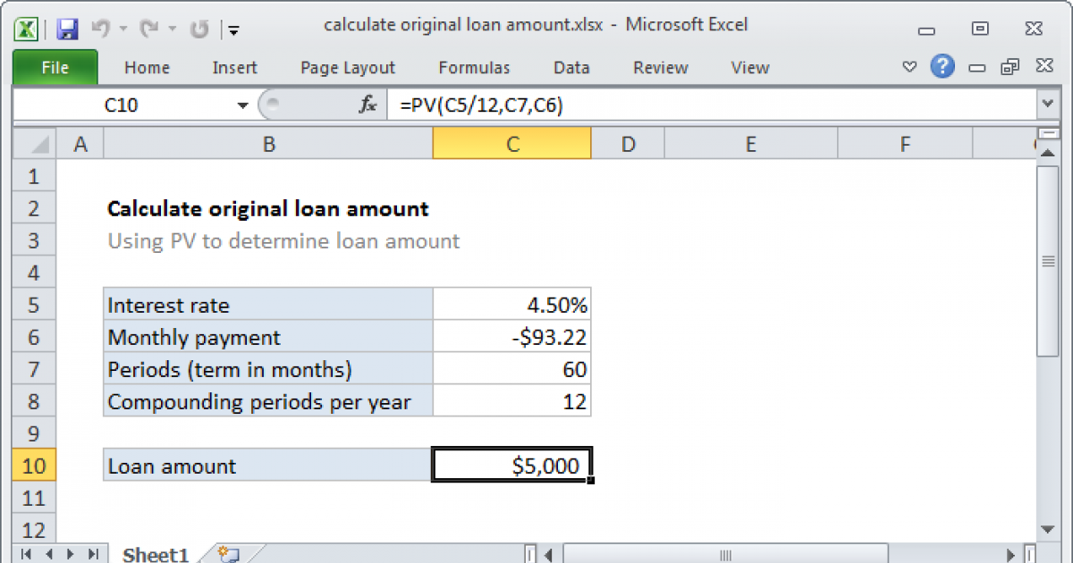 Calculate Original Loan Amount Excel Formula Exceljet 9499